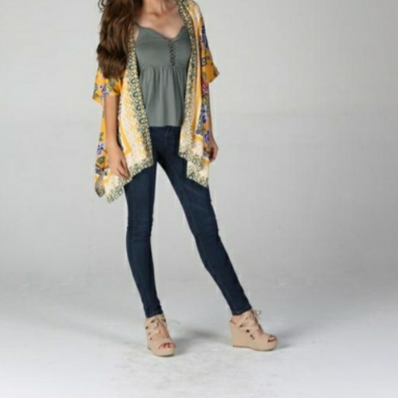 ShortSleeve Purple FloralPrint OpenFont WovenKimono Cardigan Golden - Picture 2 of 16